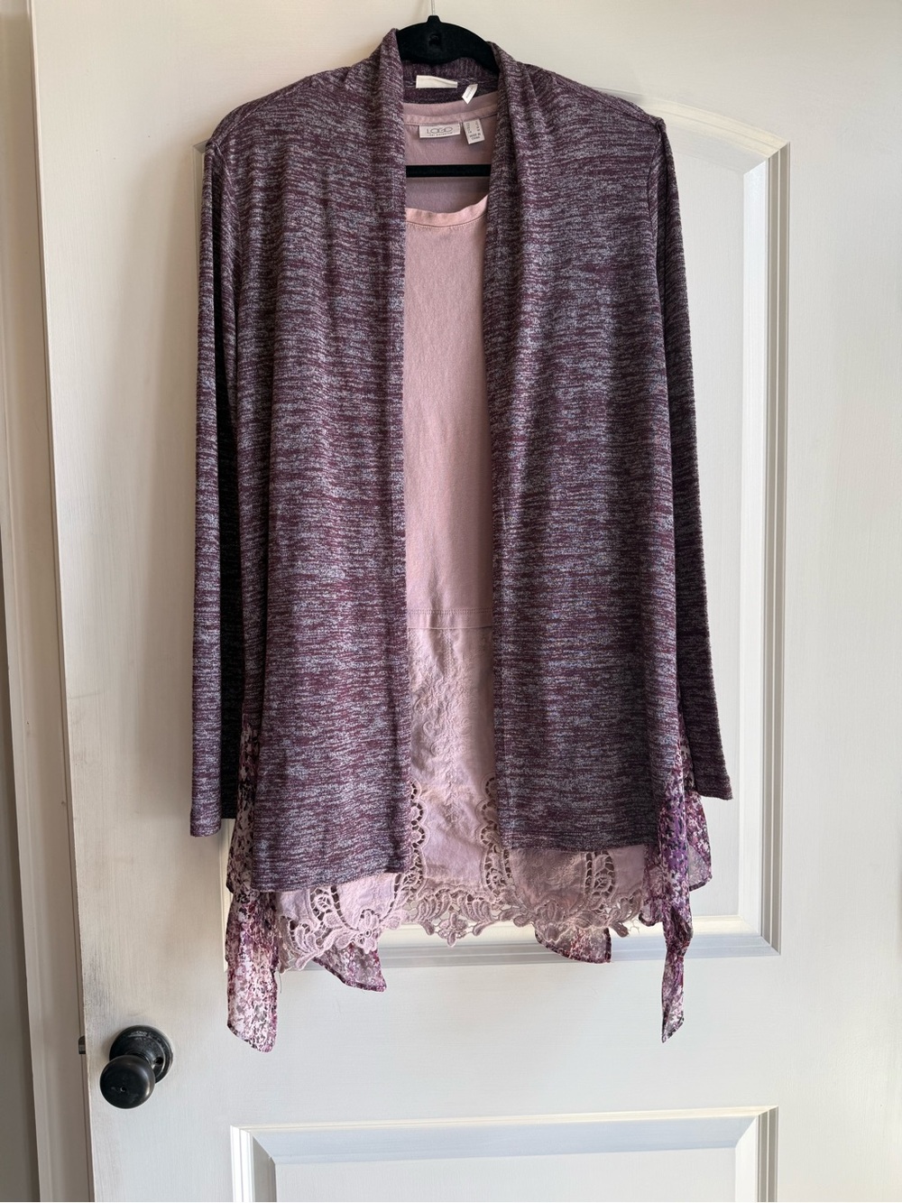 LOGO Women’s Open-Front Heathered Mauve Cardigan Sweater with tank.